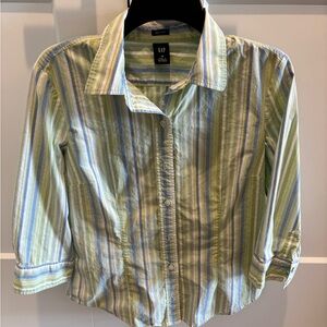 GAP Striped Button-Down Shirt in Light Green, Blue & White